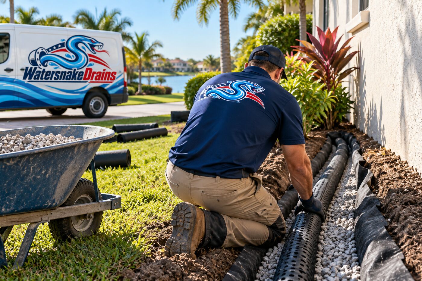 French drain work along a side yard
