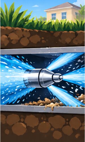 Cutaway of a jetting nozzle scouring a pipe