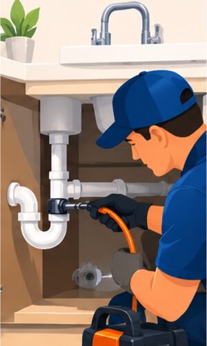 Technician clearing a sink trap with a cable machine