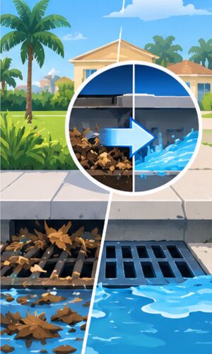 Clogged storm grate before and after