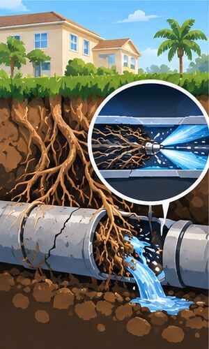 Cutaway of tree roots in a cracked pipe with a jetter clearing them