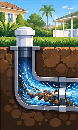 Cutaway of a jetted line flushing debris