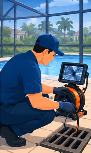 Technician with a push camera at a yard drain