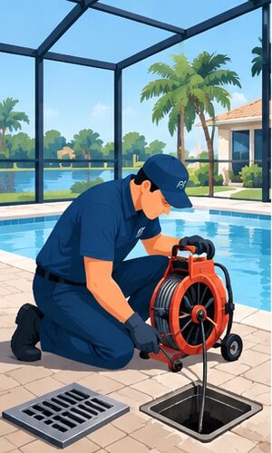 Technician feeding a cable into a drain by a screened pool