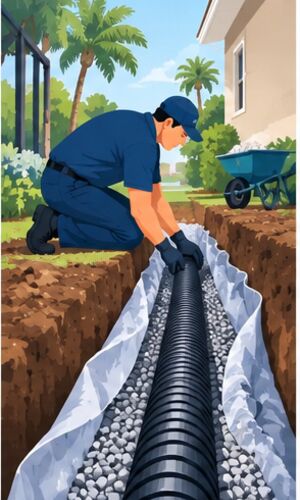 French drain trench with perforated pipe and gravel