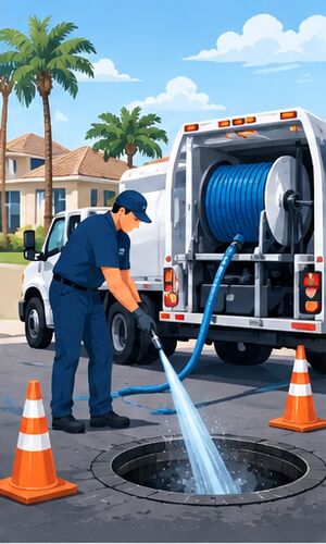 Technician jetting a storm drain from a service truck