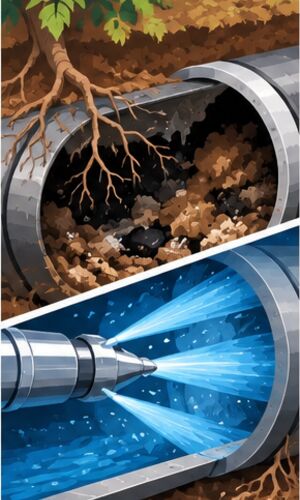 Cutaway of a root-clogged pipe and a jetting nozzle
