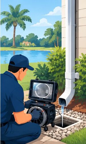 Technician scoping a downspout drain