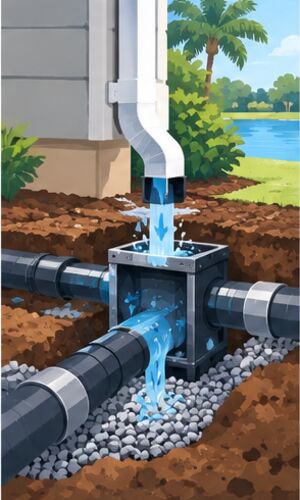 Cutaway of a downspout tying into a drain line
