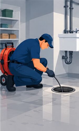 Technician running a cable into a floor drain