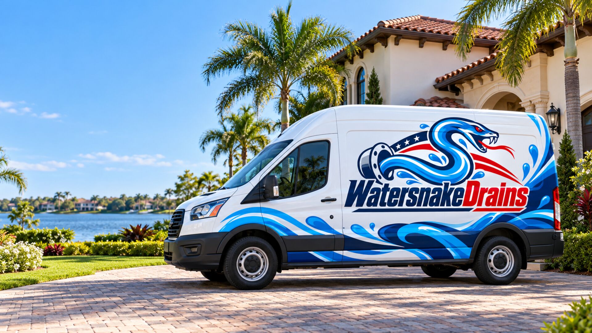 Watersnake Drains service van parked at a lakeside home in Windermere